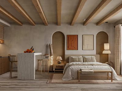 Hotel Guest Room With Wooden Beam Ceiling Arched Doorways Bed And Decorative Paintings 3d model