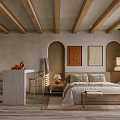 Hotel Guest Room With Wooden Beam Ceiling Arched Doorways Bed And Decorative Paintings
