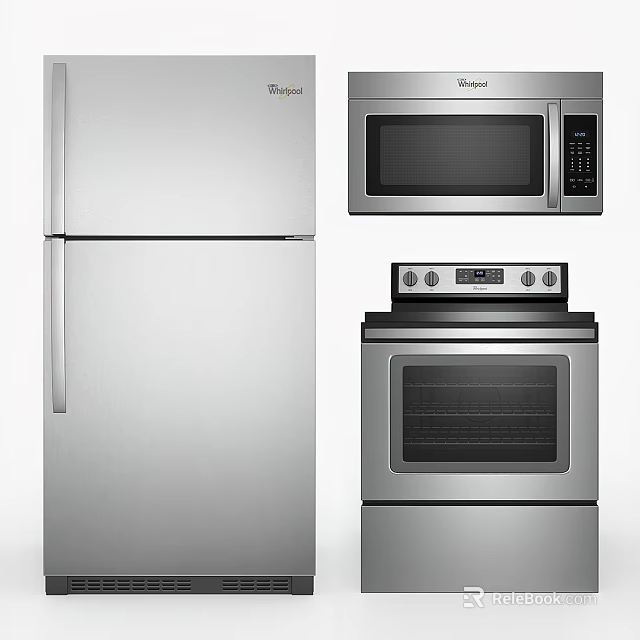 Modern Stainless Steel Kitchen Appliances Including Refrigerator Microwave And Stove 3d model 