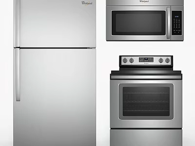 Modern Stainless Steel Kitchen Appliances Including Refrigerator Microwave And Stove 3d model
