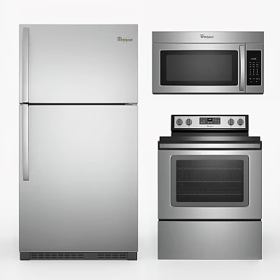 Modern Stainless Steel Kitchen Appliances Including Refrigerator Microwave And Stove 3d model