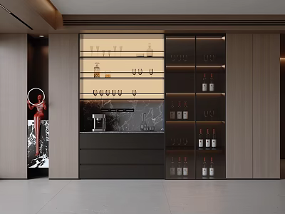 Modern Wine Cabinet Design With Glass Doors Displaying Wine Bottles And Glassware 3d model