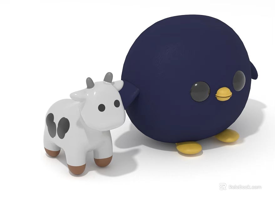 Wooden Kids Table With White Spotted Calf And Dark Blue Chick Stuffed Toys 3d model 