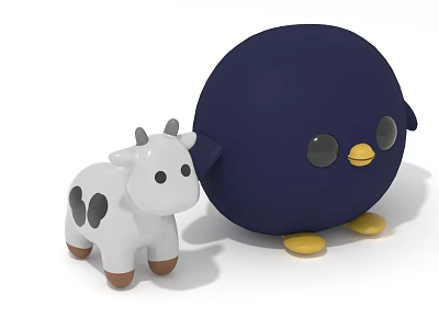 Wooden Kids Table With White Spotted Calf And Dark Blue Chick Stuffed Toys 3d model