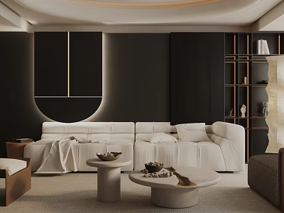 Modern Living Room Interior Design With White Curved Sofa Black Walls And Coffee Tables 3d model