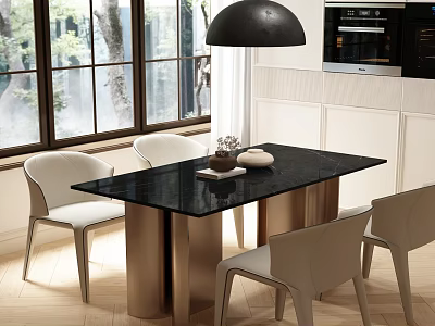 Modern Dining Table Set Black Top Gold Legs Four Light Gray Chairs Black Pendant Light 3d model