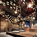 Modern Restaurant Interior With Wooden Lattice Ceiling Hanging Chandeliers Green Chairs And Plant Wall