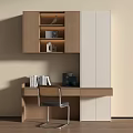 Modern Minimalist Wooden Desk With Chair And Upper Cabinet Featuring Books And Decor