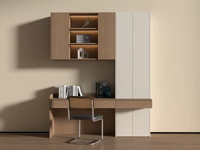 Modern Minimalist Wooden Desk With Chair And Upper Cabinet Featuring Books And Decor 3d model