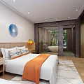 Spacious Modern Hotel Room With Large Window Comfortable Bed And Decorative Lighting 3d model