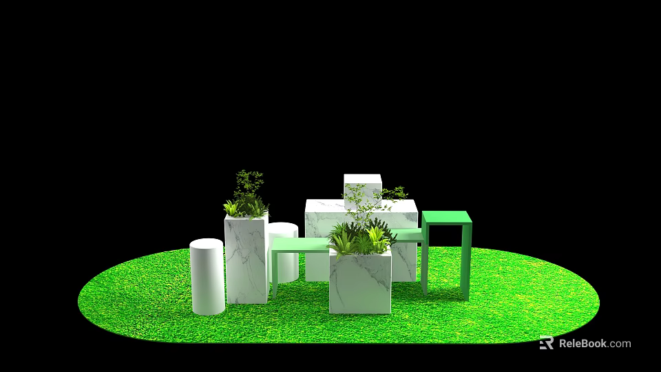 Outdoor Scene With Green Grass White And Green Geometric Structures And Plants 3d model 