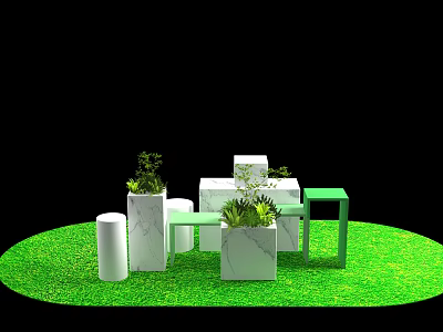 Outdoor Scene With Green Grass White And Green Geometric Structures And Plants 3d model