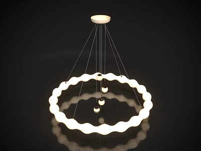 Round White Modern Chandelier With Hanging Spheres And Reflective Black Background 3d model