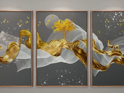 Abstract Decorative Wall Art With Golden Ribbons Yellow Tree Moon And Deer 3d model