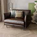 Brown Single Seater Leather Sofa With Decorative Pillows On Herringbone Wooden Floor And Large Plant
