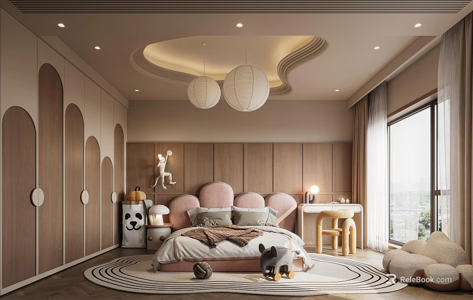 Kids Room Interior Design With Pink Bed Toys Round Rug And Chandelier Decor 3d model 