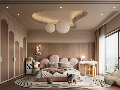 Kids Room Interior Design With Pink Bed Toys Round Rug And Chandelier Decor 3d model