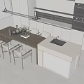 Sleek Modern Kitchen Interior Design With Bar Counter White Stools Sink And Cabinets 3d model
