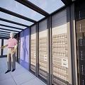 Modern Architectural Exterior Featuring Glass Curtain Wall And Blue Orange White Panels
