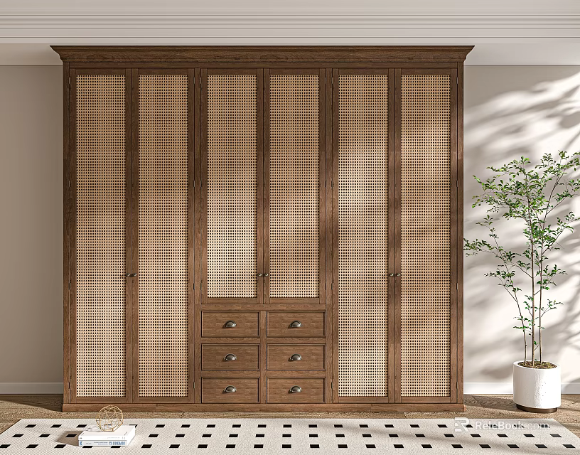 Wooden Wardrobe With Lattice Doors And Drawers In Room With Potted Plant And Rug 3d model 