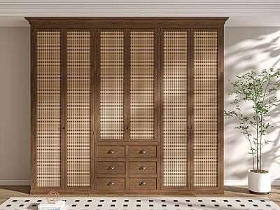 Wooden Wardrobe With Lattice Doors And Drawers In Room With Potted Plant And Rug 3d model