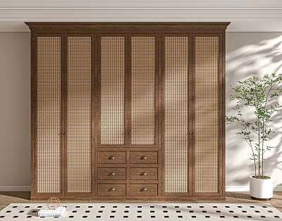 Wooden Wardrobe With Lattice Doors And Drawers In Room With Potted Plant And Rug 3d model
