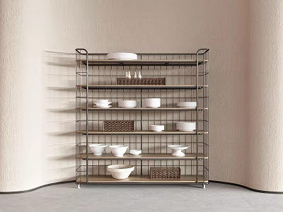 Minimalist Wire Storage Shelf With Multiple Tiers Holding Bowls Plates And Woven Baskets 3d model