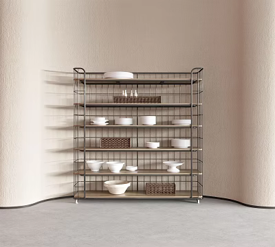 Minimalist Wire Storage Shelf With Multiple Tiers Holding Bowls Plates And Woven Baskets 3d model