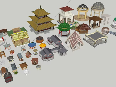 Different Types Of Architectural Models With Traditional Pagodas Pavilions And Modern Structures 3d model