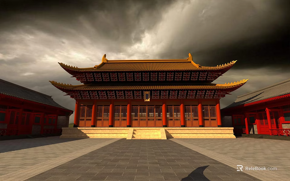 Ancient Chinese Architecture With Traditional Overhanging Eaves Golden Roof And Red Pillars 3d model 