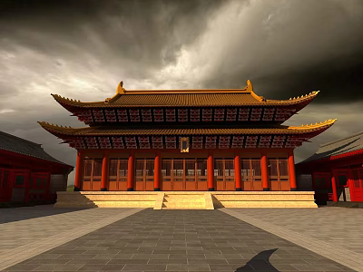 Ancient Chinese Architecture With Traditional Overhanging Eaves Golden Roof And Red Pillars 3d model