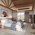 Elegant Hotel Guest Room With Wooden Ceiling Artwork Bed And Table Lamps