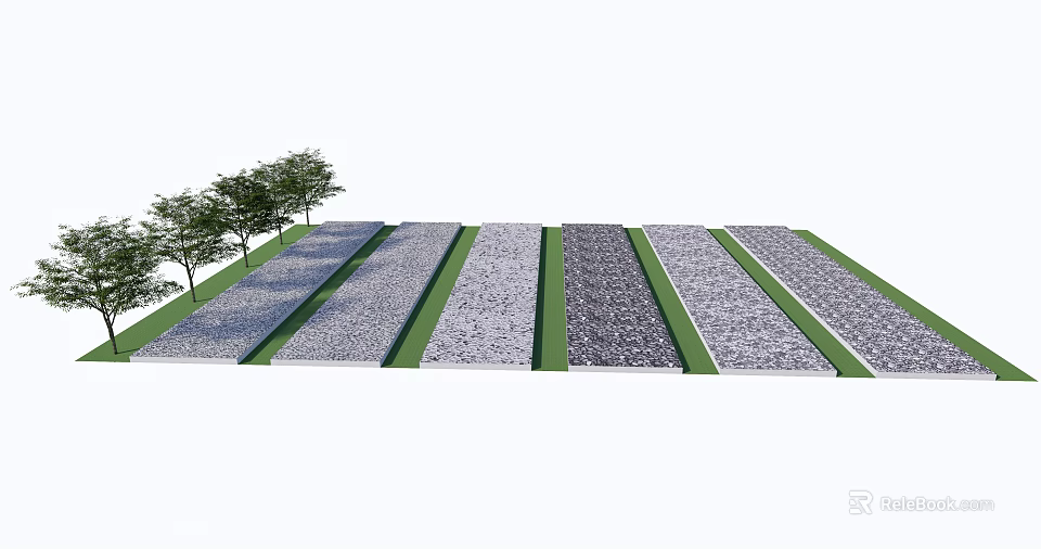 Garden Ornament Design With Striped Paved Areas Green Grass Edges And Trees 3d model 