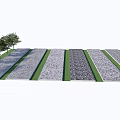 Garden Ornament Design With Striped Paved Areas Green Grass Edges And Trees
