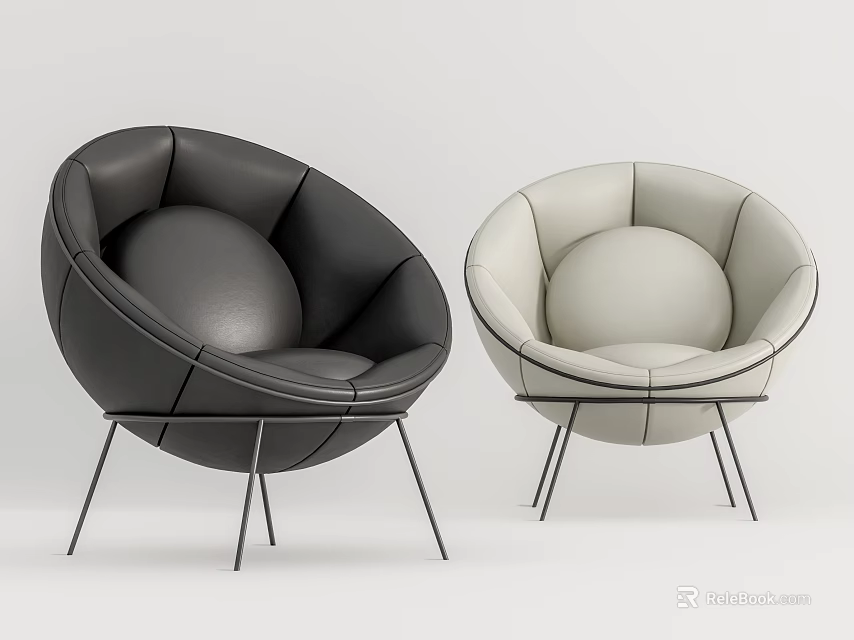 Modern Round Black and Beige Leather Single Sofa with Metal Legs Design 3d model 