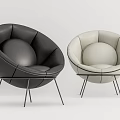 Modern Round Black and Beige Leather Single Sofa with Metal Legs Design