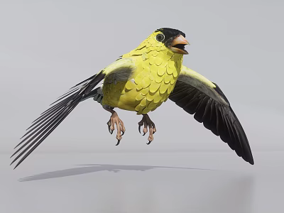Yellow Flying Bird With Spread Black Wings And Black Head In Mid Flight 3d model