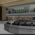 Modern Control Room Interior With Large Monitoring Screen Multiple Workstations And Office Chairs
