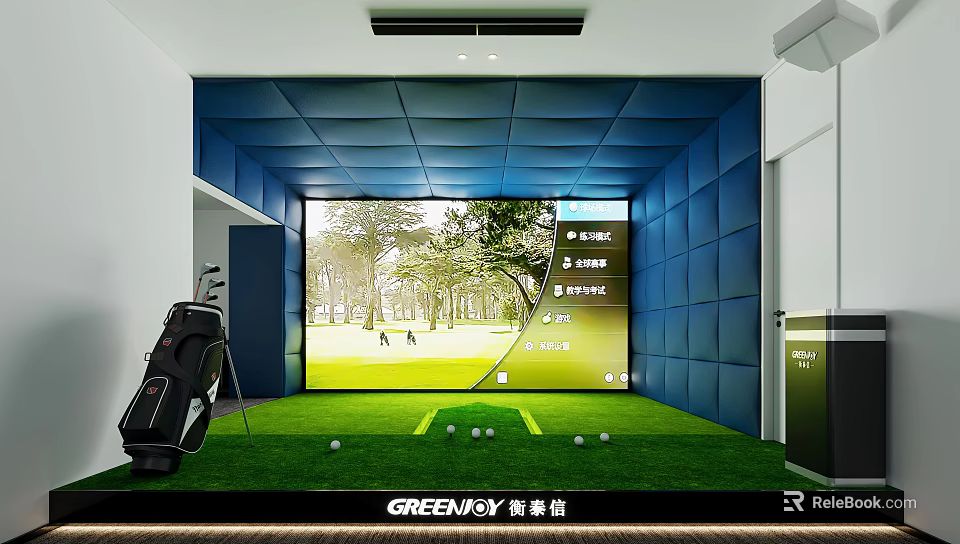 Indoor Golf Simulator Setup With Large Screen Green Turf And Golf Bag For Sports Fitness 3d model 