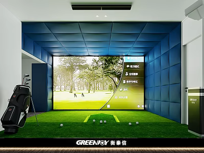Indoor Golf Simulator Setup With Large Screen Green Turf And Golf Bag For Sports Fitness 3d model