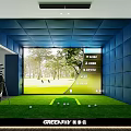 Indoor Golf Simulator Setup With Large Screen Green Turf And Golf Bag For Sports Fitness