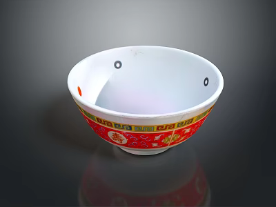 White Household Bowl With Traditional Red Decorative Pattern And Golden Accents 3d model