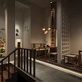 Traditional Teahouse Interior Design With Wooden Furniture Green Plants Hanging Lamps And Lattice Screens