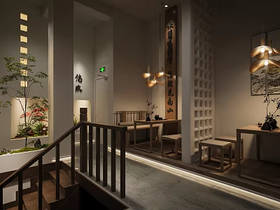 Traditional Teahouse Interior Design With Wooden Furniture Green Plants Hanging Lamps And Lattice Screens 3d model