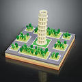 Miniature Leaning Tower Architectural Model With Green Trees On Square Base