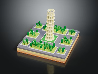 Miniature Leaning Tower Architectural Model With Green Trees On Square Base 3d model