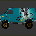 Turquoise Van With Floral Design Large Off Road Tires And Roof Rack