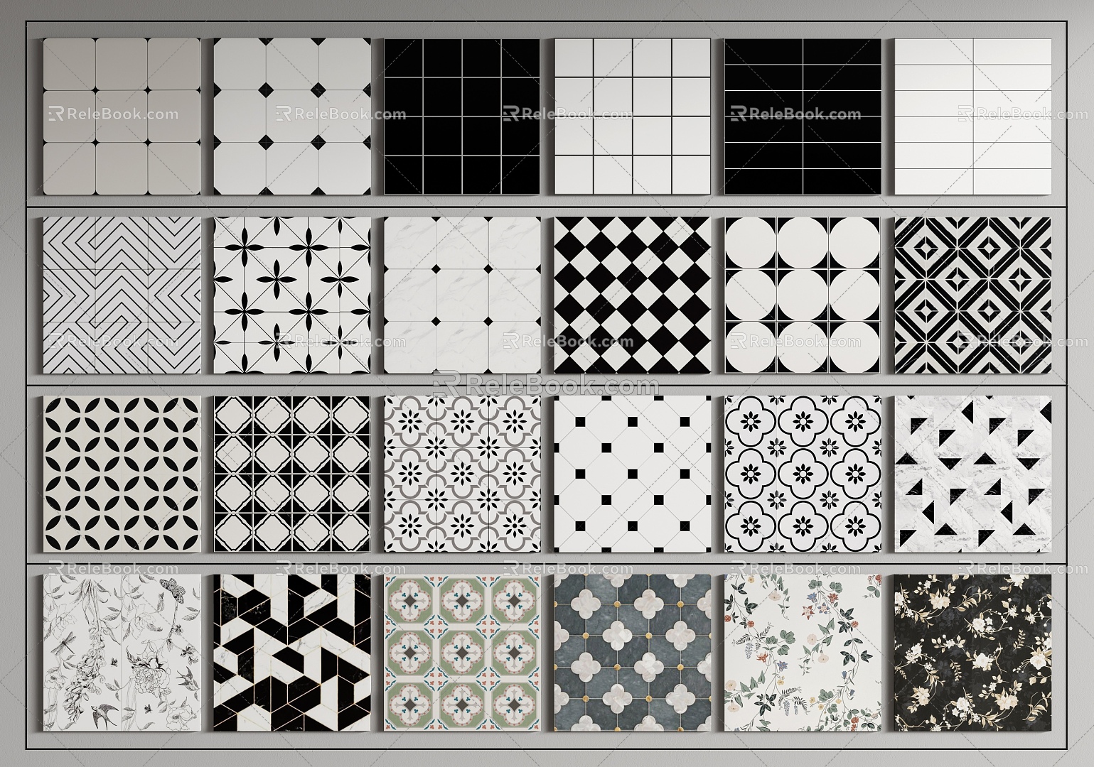 Modern Middle Ancient Floor Tile French Retro Floor Tile Tile Black and White Geometric Tile Patchwork Paving 3d model