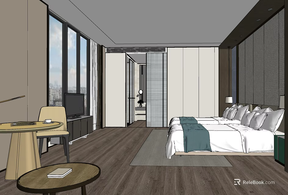 Modern Hotel Guest Room With King Bed Floor to Ceiling Windows City View Wooden Flooring 3d model 