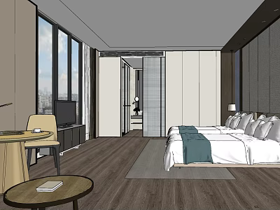 Modern Hotel Guest Room With King Bed Floor to Ceiling Windows City View Wooden Flooring 3d model